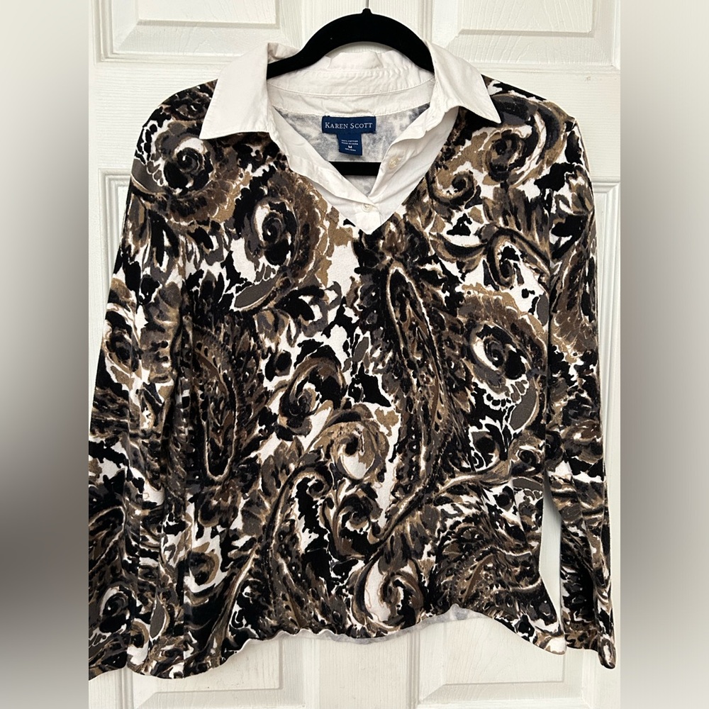 M Karen Scott 100% cotton marbled long sleeve polo sweater